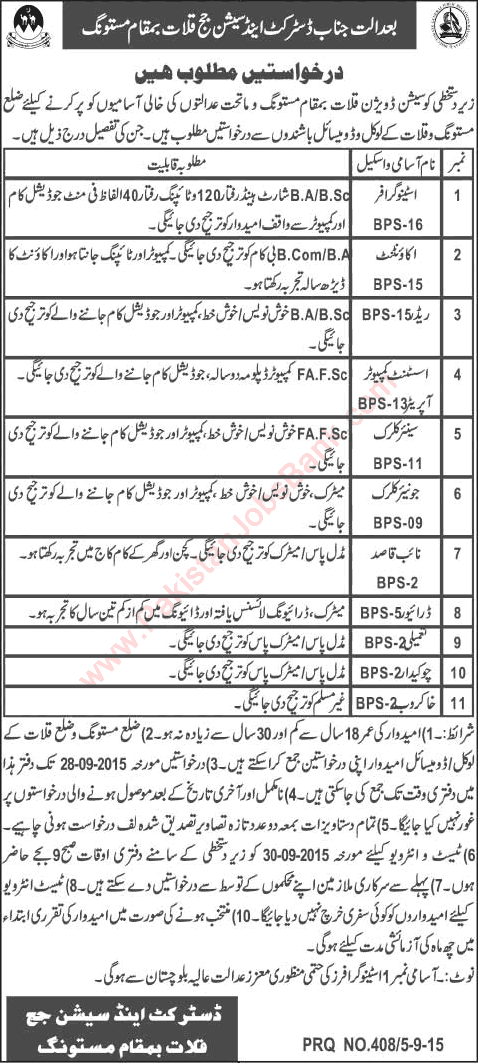 District and Session Court Kalat Balochistan Jobs 2015 Accountant, Computer Operator, Clerks & Others
