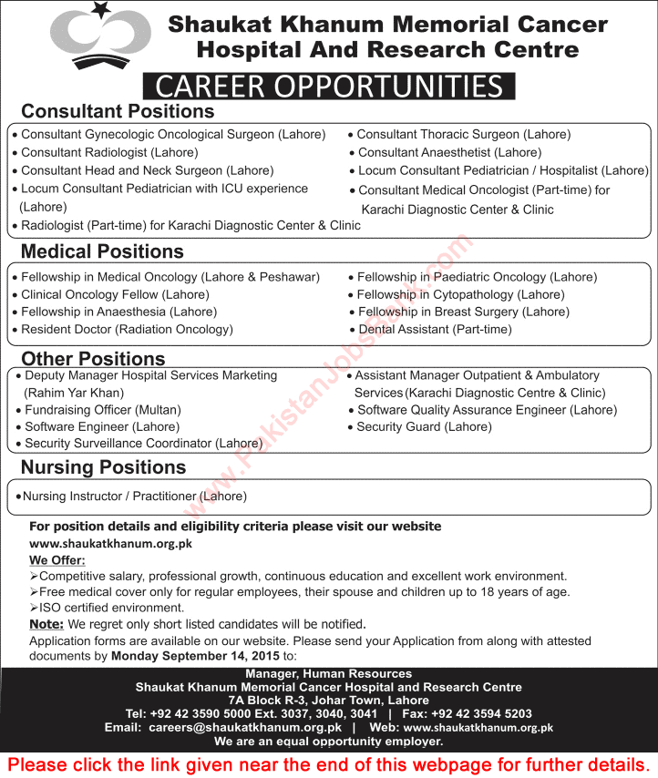 Shaukat Khanum Hospital Jobs 2015 September Consultant, Medical, Nursing & Other Positions Latest