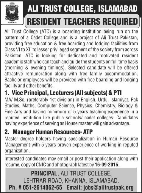 Ali Trust College Islamabad Jobs 2015 September Teaching Faculty, Vice Principal & Others