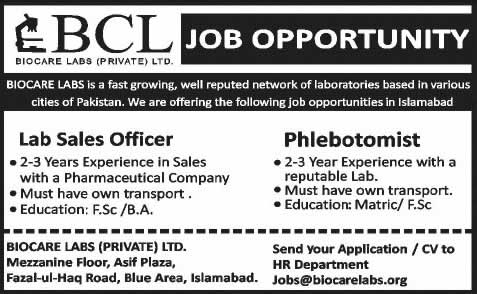 Sales Officer & Phlebotomist Jobs in Islamabad 2015 September Biocare Labs Pvt. Ltd