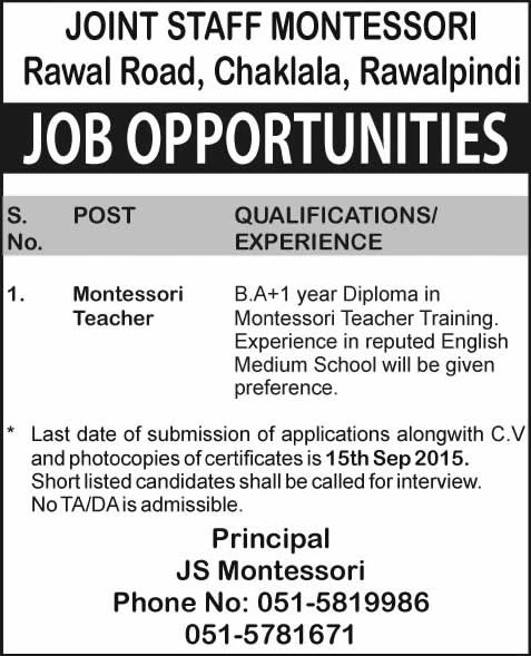 Montessori Teacher Jobs in Chaklala Rawalpindi 2015 September Joint Staff Montessori School