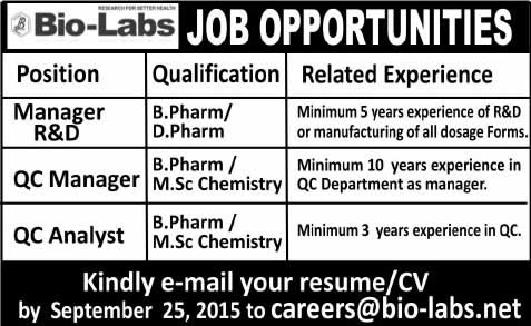 Bio Labs Islamabad Jobs 2015 September Pharmacsts as Quality Control Analyst & QC / R&D Managers