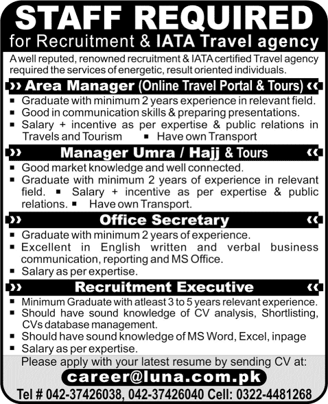 Luna Corporation Lahore Jobs 2015 September Managers, Office Secretary & Recruitment Executive