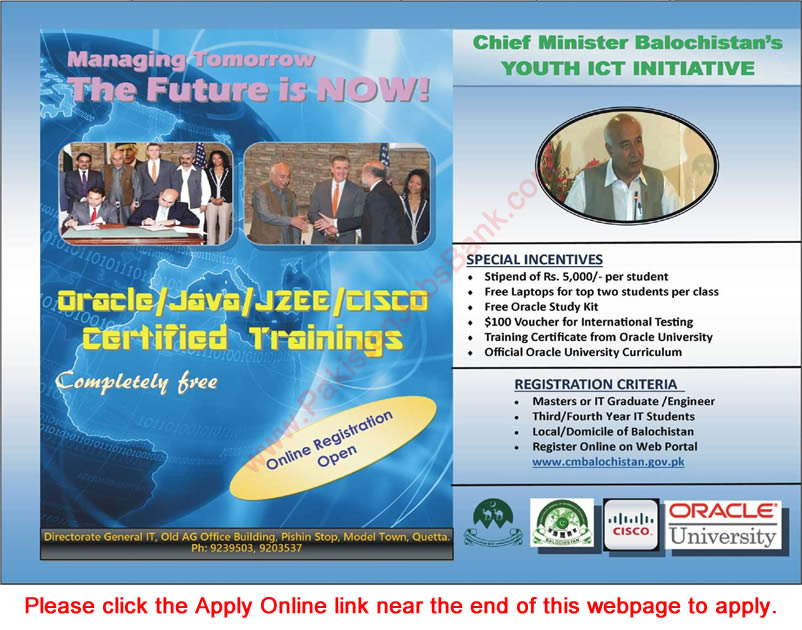 Chief Minister Balochistan Youth ICT Initiative 2015 September Apply Online IT Certified Trainings Latest