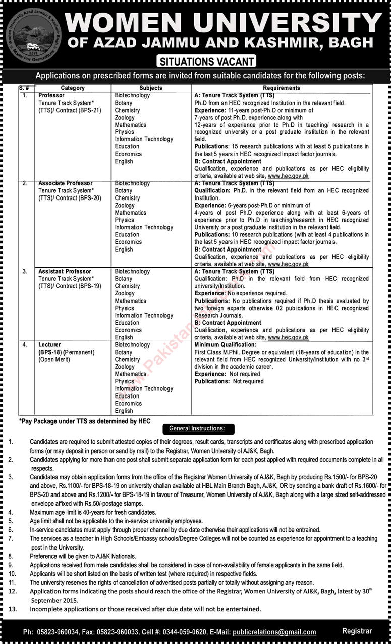 Women University Bagh Jobs 2015 September AJK Teaching Faculty Latest