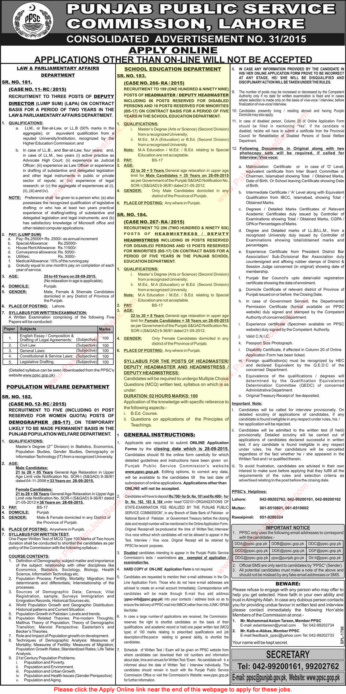 PPSC Headmasters Jobs 2015 September Online Apply Punjab School Education Department