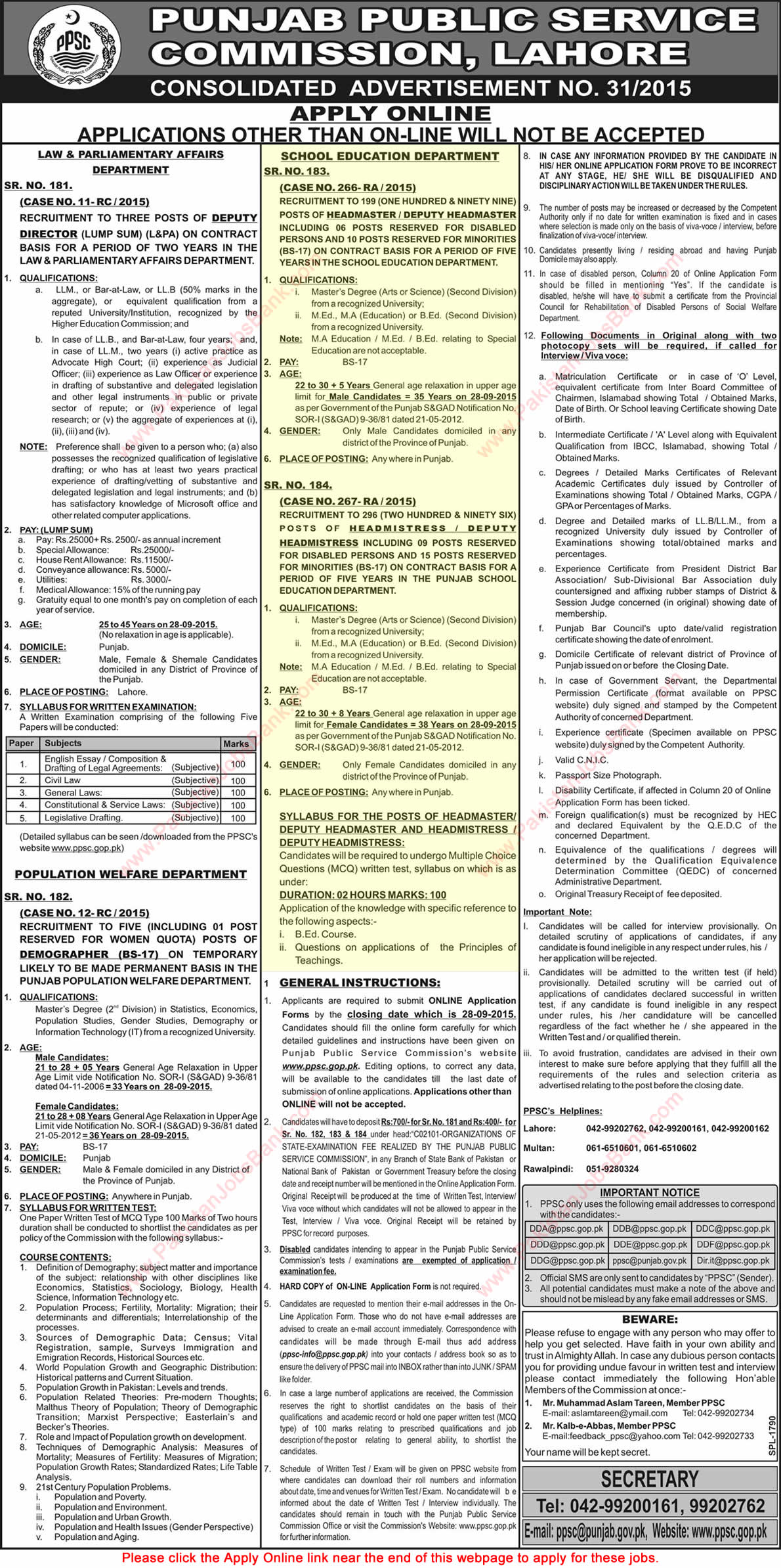 PPSC Headmistress Jobs 2015 September Online Apply School Education Department Punjab Latest