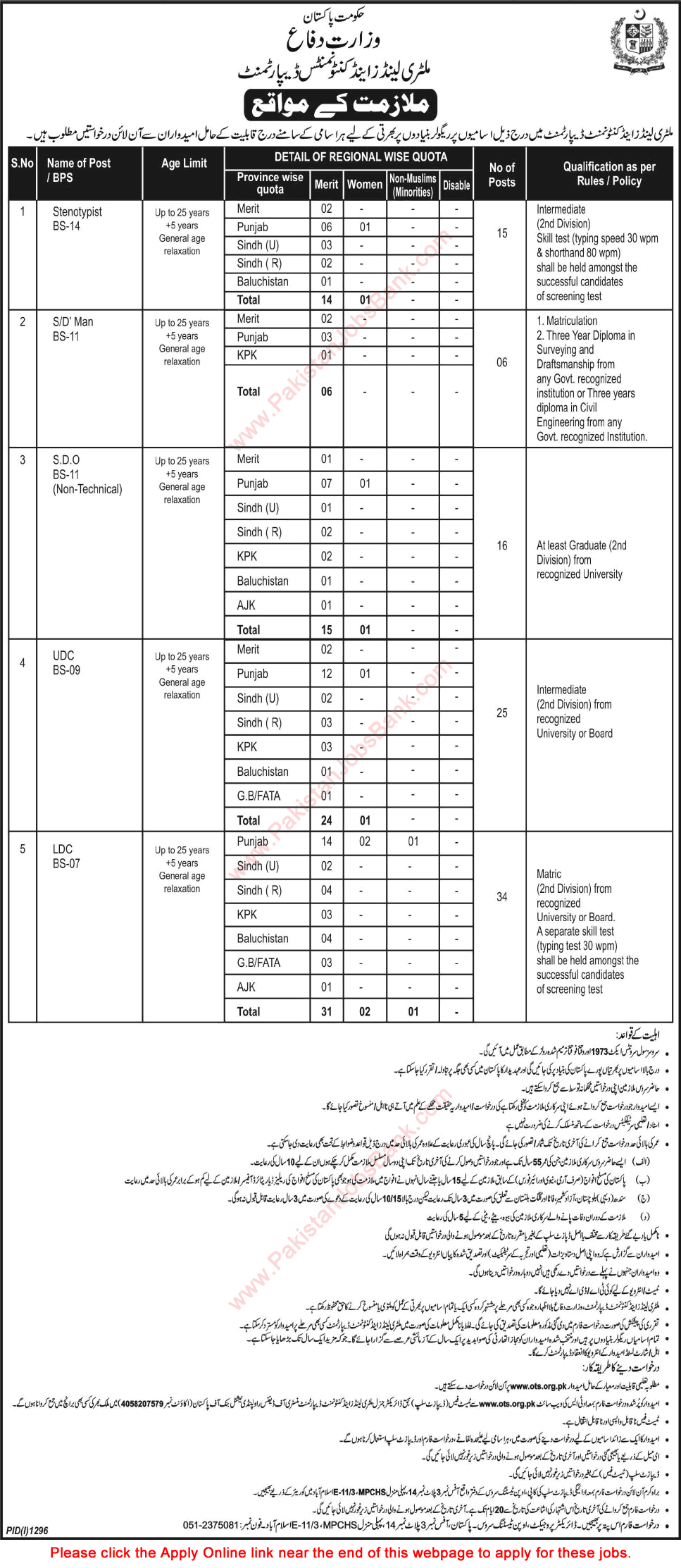 Military Lands and Cantonment Department Pakistan Jobs 2015 September OTS Online Apply Latest
