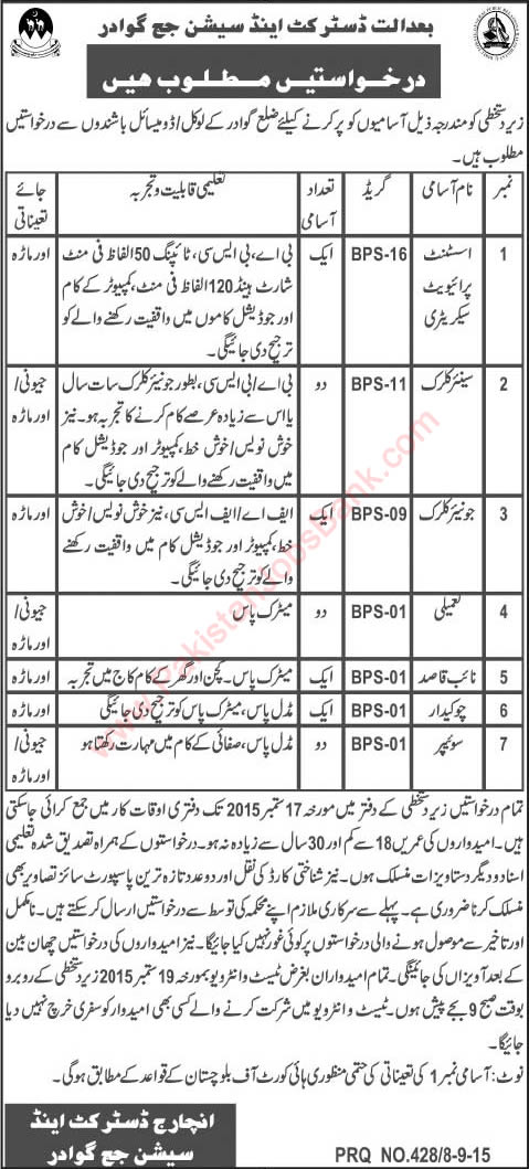 District and Session Court Gwadar Jobs 2015 September Balochistan Clerks, Naib Qasid, Tameeli & Others