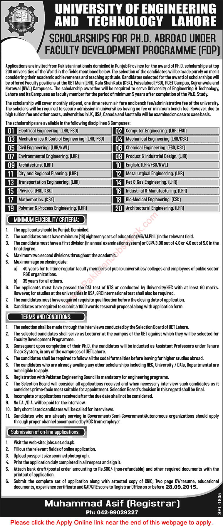 UET Faculty Development Program 2015 September Foreign Scholarships for Ph.D. Apply Online Latest