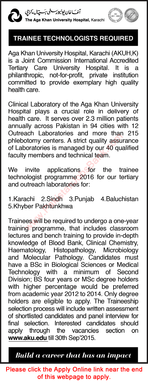 Aga Khan University Hospital Trainee Technologist Jobs 2015 September Apply Online Clinical Laboratories