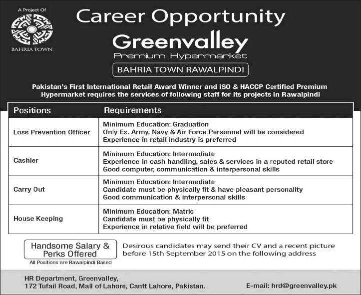 Greenvalley Bahria Town Rawalpindi Jobs 2015 September Cahier, Housekeeper & Others
