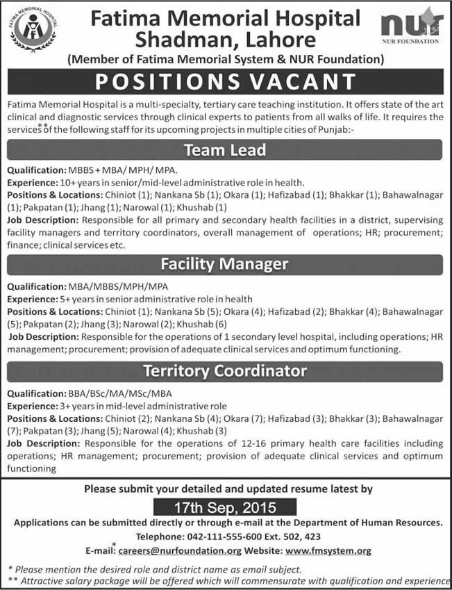 Fatima Memorial Hospital Jobs 2015 September Team Leads, Facility Managers & Coordinators