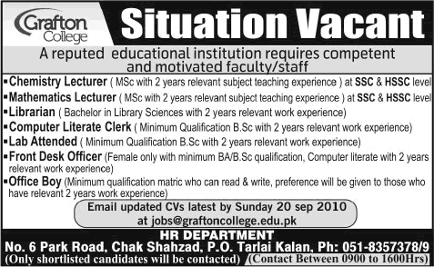 Grafton College Islamabad Jobs 2015 September Lecturers, Clerk, Lab Attendant, Office Boy & Others