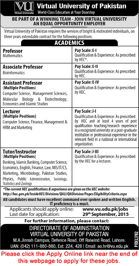 Virtual University Lahore Jobs 2015 September Teaching Faculty Online Application Form Latest