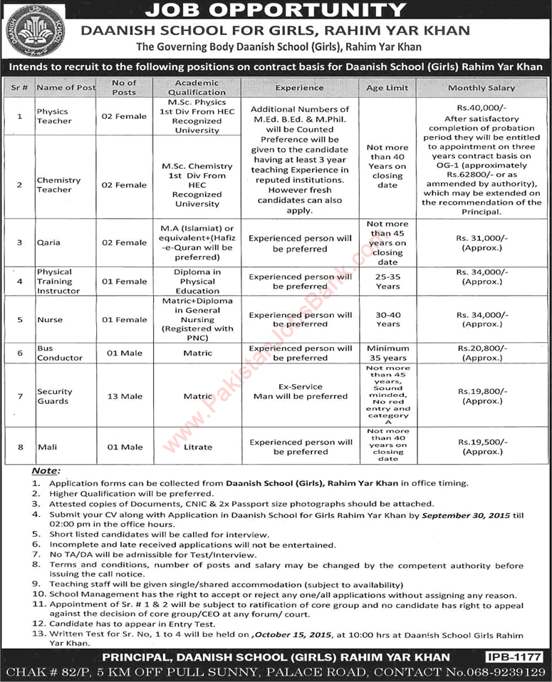 Danish School Rahim Yar Khan Jobs 2015 September Teaching Faculty, Security Guards & Others