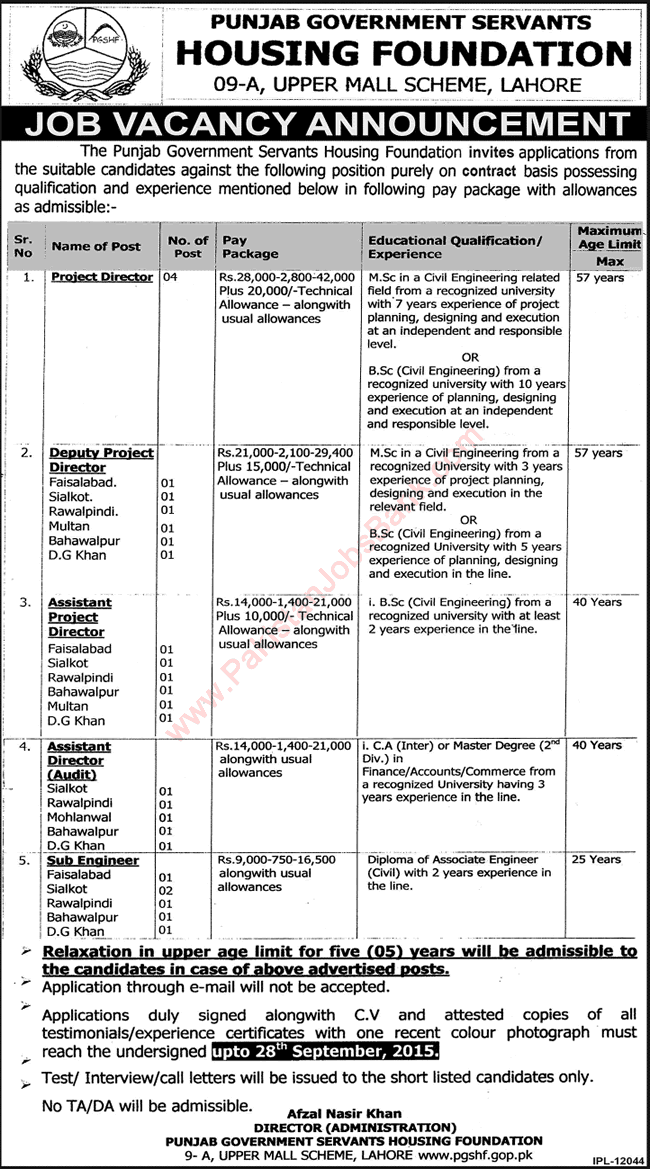 Punjab Government Servant Housing Foundation Jobs 2015 September Directors & Civil Engineers