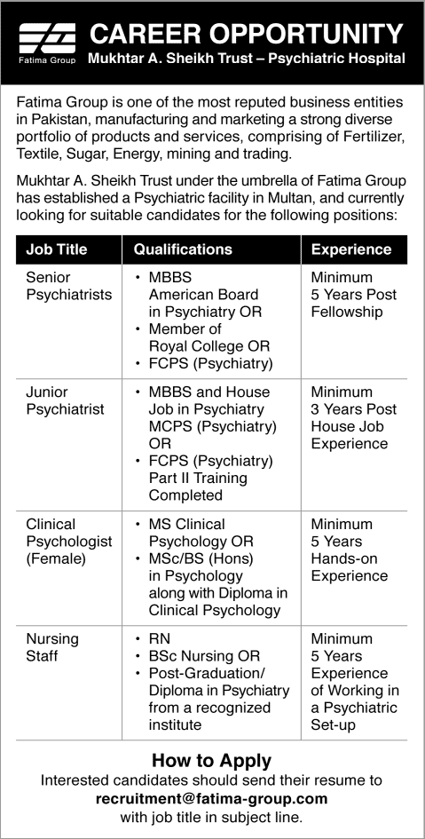 Mukhtar A. Sheikh Trust Psychiatric Hospital Jobs 2015 September Psychiatrists, Psychologists & Nursing Staff