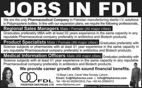 Frontier Dextrose Ltd Jobs 2015 September Sales Managers, Product Specialists & Medical Information Officers