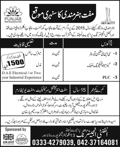 PSDF Free Courses in Lahore 2015 September at Infinity Engineering Pvt. Ltd Latest