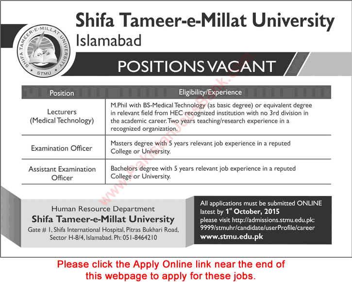Shifa Tameer-e-Millat University Islamabad Jobs 2015 September Apply Online Lecturers & Examination Officers