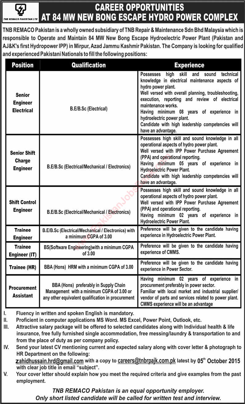 TNB REMACO Pakistan Jobs 2015 September Senior Engineers, Trainee Engineers & Procurement Assistant