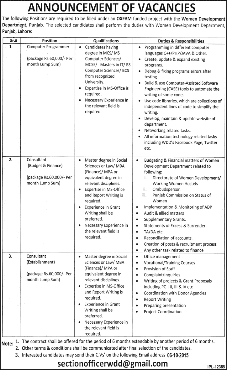 Women Development Department Punjab Jobs 2015 September Programmer & Consultants