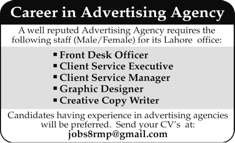 Advertising Agency Jobs in Lahore 2015 September Graphic Designer, Client Service Executives & Others