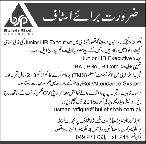 Junior HR Executive Jobs in Bulleh Shah Packaging Kasur 2015 September