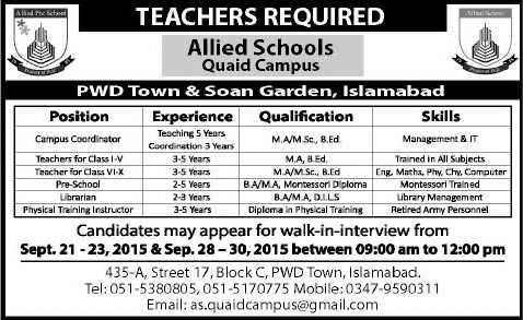 Allied School Quaid Campus Islamabad Jobs 2015 September Walk in Interviews Teaching Faculty, Librarian & Others
