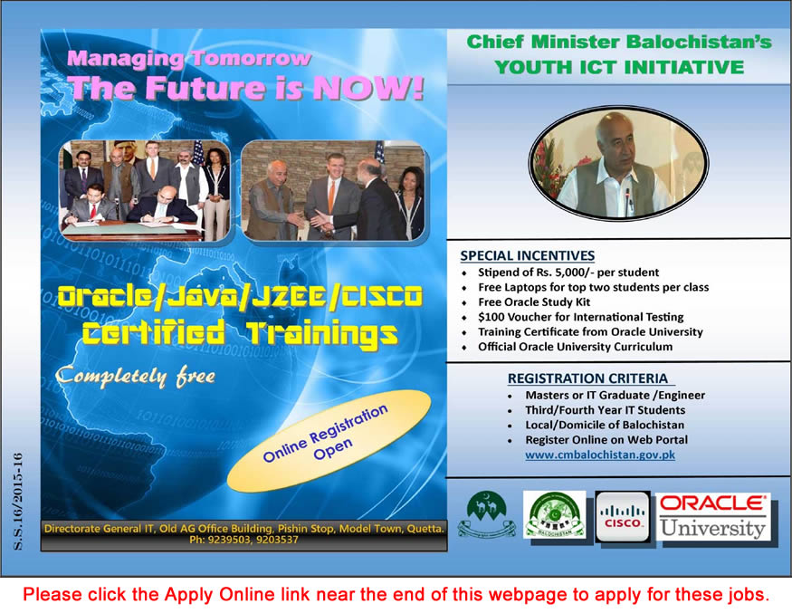 CM Balochistan Youth ICT Initiative 2015 September Apply Online Oracle, Java, J2EE & CISCO Certified Trainings