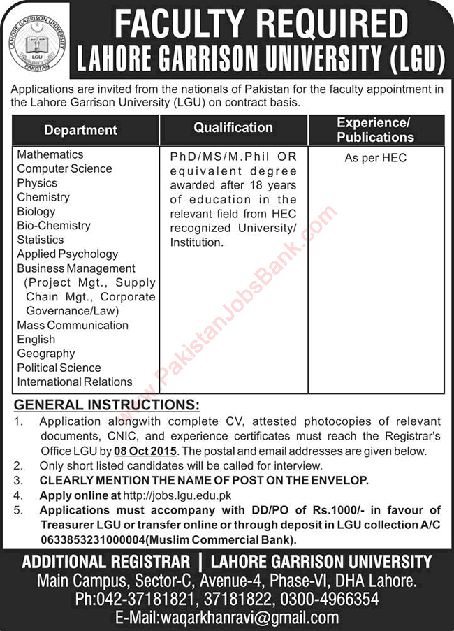 Lahore Garrison University Jobs 2015 September / October Teaching Faculty Latest