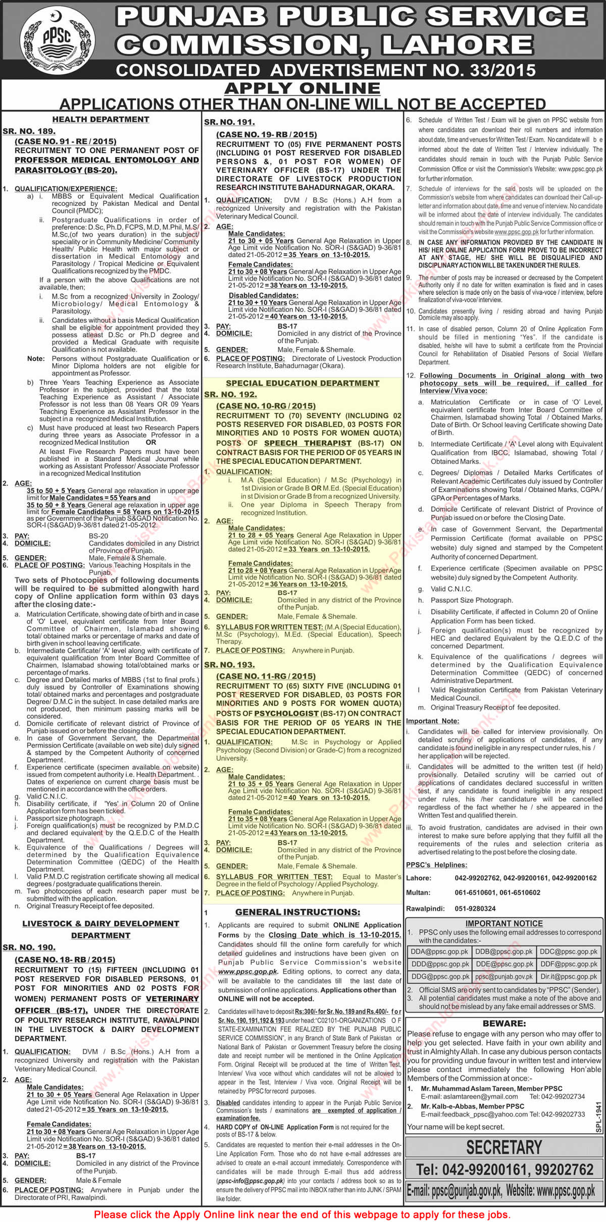 Special Education Department Punjab Jobs 2015 September Speech Therapist & Psychologist PPSC Online Apply Latest