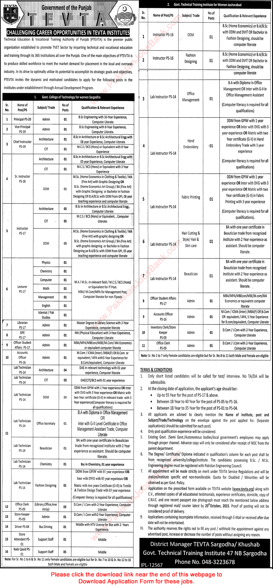 TEVTA Technical Training Institutes Sargodha & Jauharabad Jobs 2015 September / October Application Form