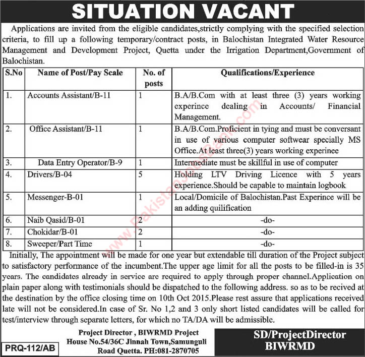 Irrigation Department Balochistan Jobs 2015 October Integrated Water Resource Management and Development Project