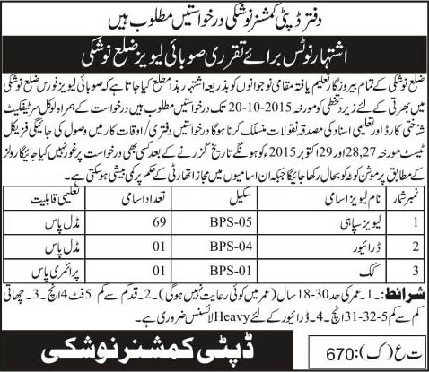 Levies Force Nushki Balochistan Jobs 2015 October Sipahi, Driver & Cook Latest