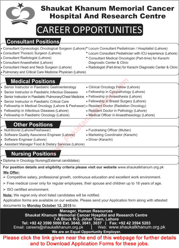 Shaukat Khanum Hospital Jobs October 2015 Consultants, Medical, Nursing Positions & Others