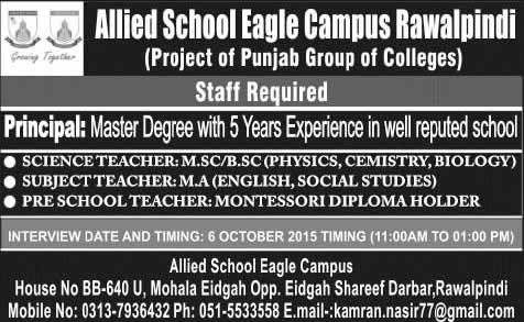 Allied School Rawalpindi Jobs 2015 October Principal and Teaching Faculty at Eagle Campus Latest