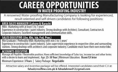 Roofline Pvt. Ltd Jobs 2015 October Area Sales Managers, Sales Executives & Accounts Executive