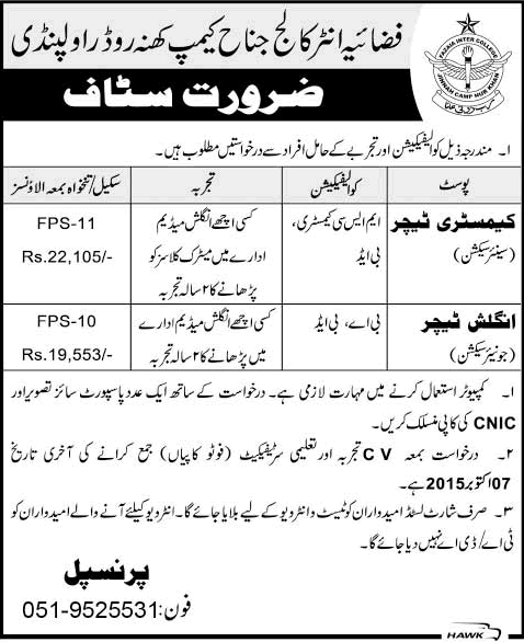 Fazaia Inter College Jinnah Camp Rawalpindi Jobs 2015 October for Chemistry & English Teachers