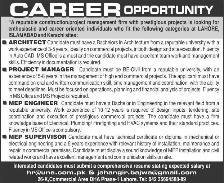 Construction Company Jobs in Pakistan 2015 October Architect, Civil Engineers & MEP Engineers