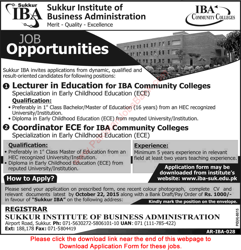 IBA Sukkur Jobs 2015 October Lecturer & Coordinator ECE in IBA Community Colleges