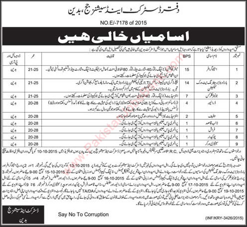 District and Session Court Badin Jobs 2015 October Sindh Clerks, Stenographer, Naib Qasid & Others