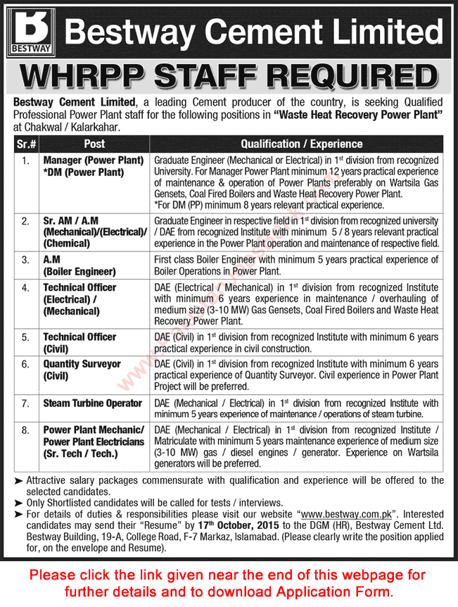 Bestway Cement Chakwal Plant Jobs 2015 October Waste Heat Recovery Power Plant Latest