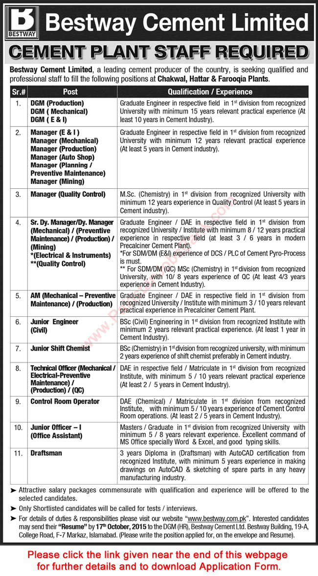 Bestway Cement Jobs 2015 October Chakwal, Hattar & Farooqia Plants for Managers, Engineers & Others
