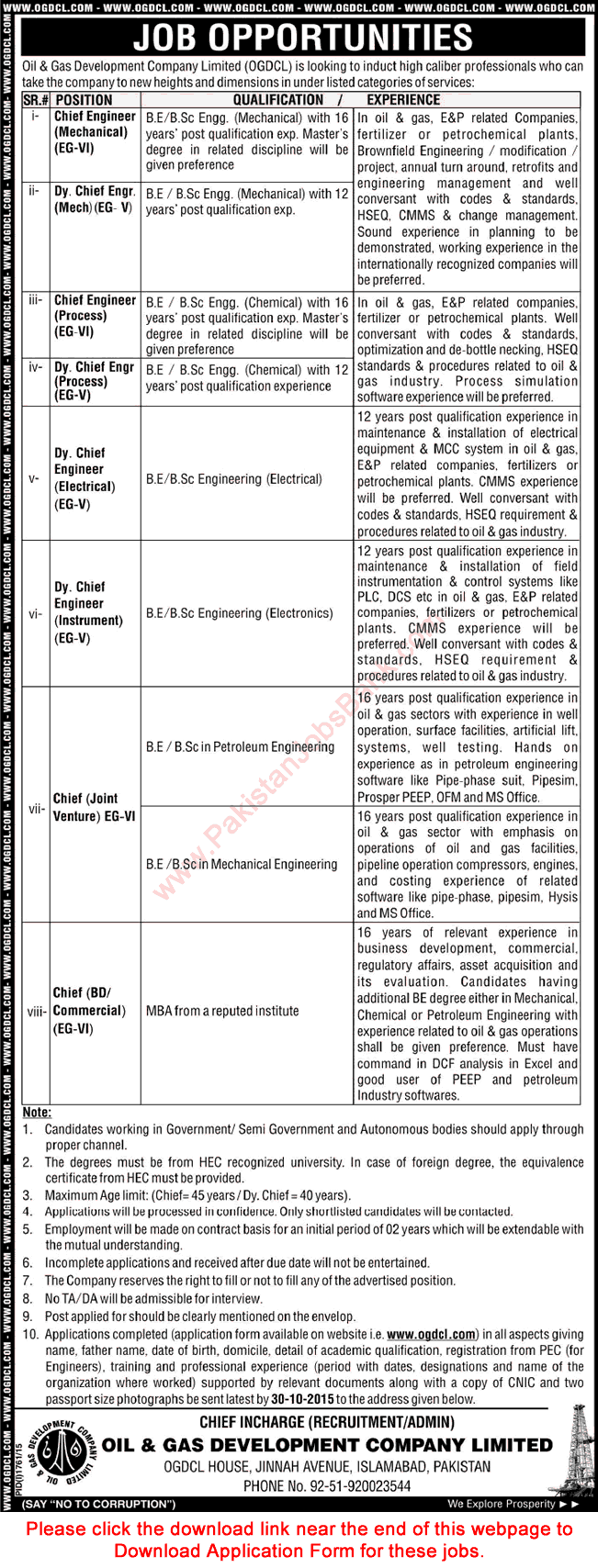 OGDCL Jobs October 2015 Application Form Download for Engineers & Commercial Chief Latest