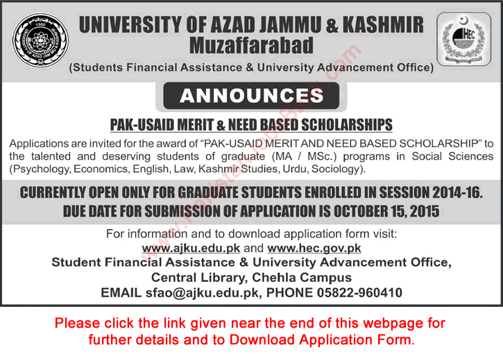 University of AJK Pak-USAID Scholarships 2015 October Application Form Merit & Need Based