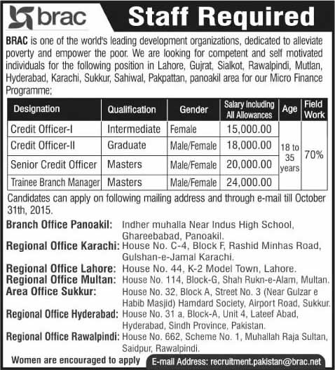 BRAC Pakistan Jobs 2015 October Trainee Branch Managers & Credit Officers Latest