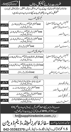 Sapphire Fibers Limited Jobs 2015 October Mechanical / Electrical Engineers, Fitters & Millwright