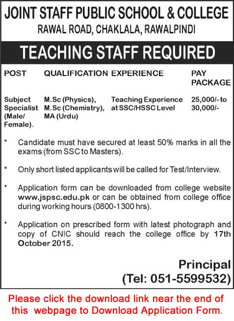 Joint Staff Public School and College Rawalpindi Jobs 2015 October Application Form Teaching Faculty